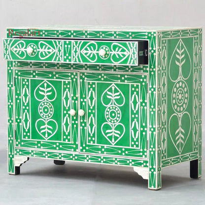 Bone Inlay Chest Of Drawers Drawer, 2 Doors 1 Drawer, Cabinet - Green Leaf Patte