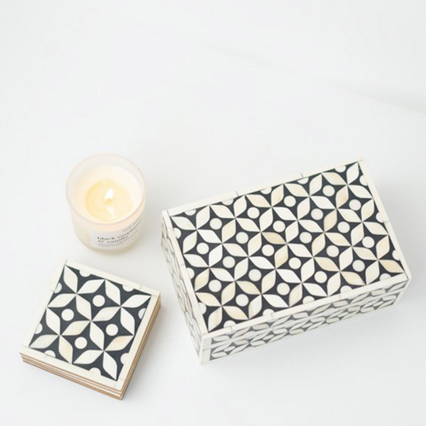 Bone Inlay Geometric Coasters Set - Black Set of 4 with Holder - Unique Home Decor