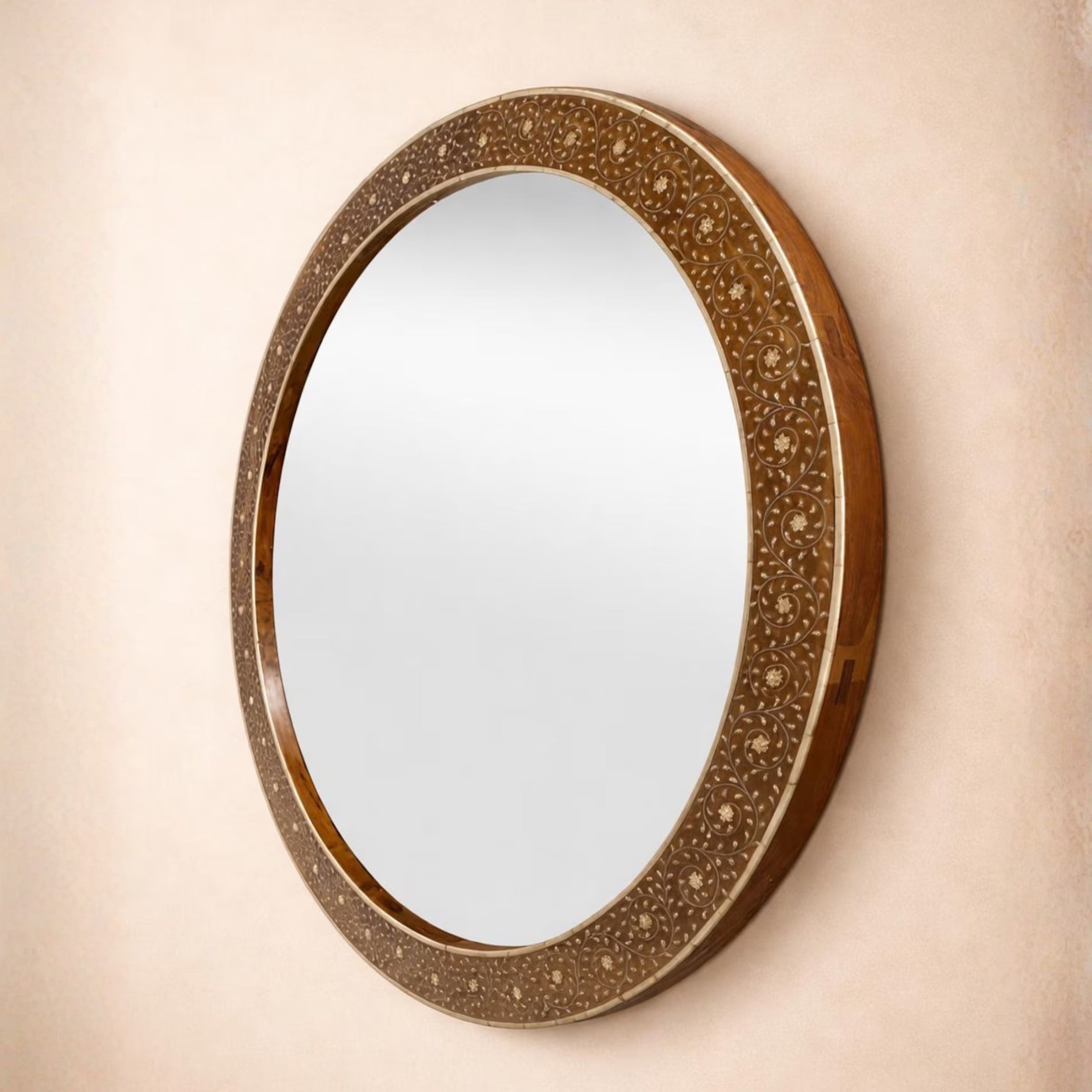 Handmade Bone Inlay Round Mirror | Floral Teakwood Mirror Frame
