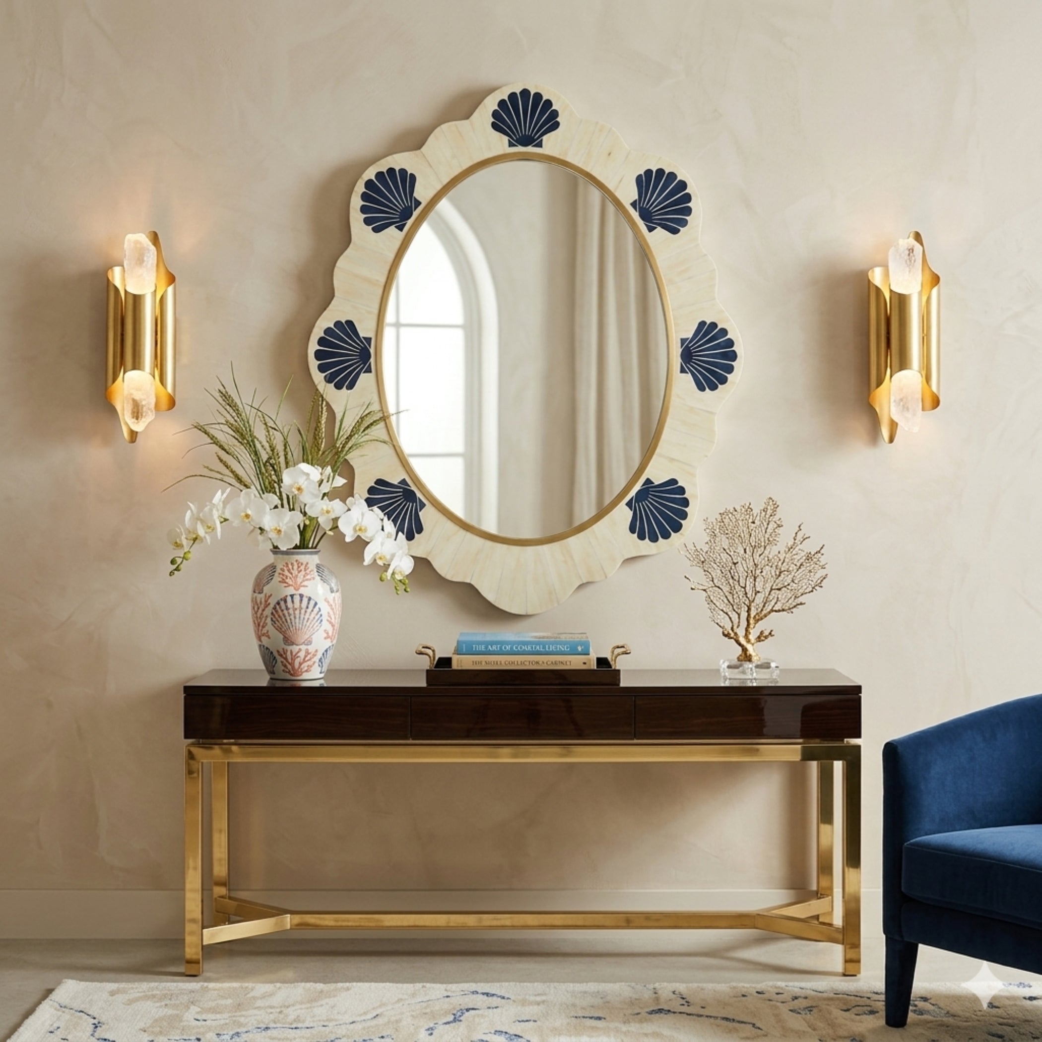 Handmade Blue Bone Inlay Oval Mirror, Scalloped Coastal Brass Frame
