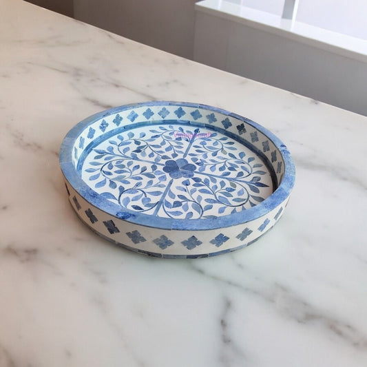 Blue Bone Inlay Round Kitchen Serving Tray Handmade Floral Design Tray Christmas gift item