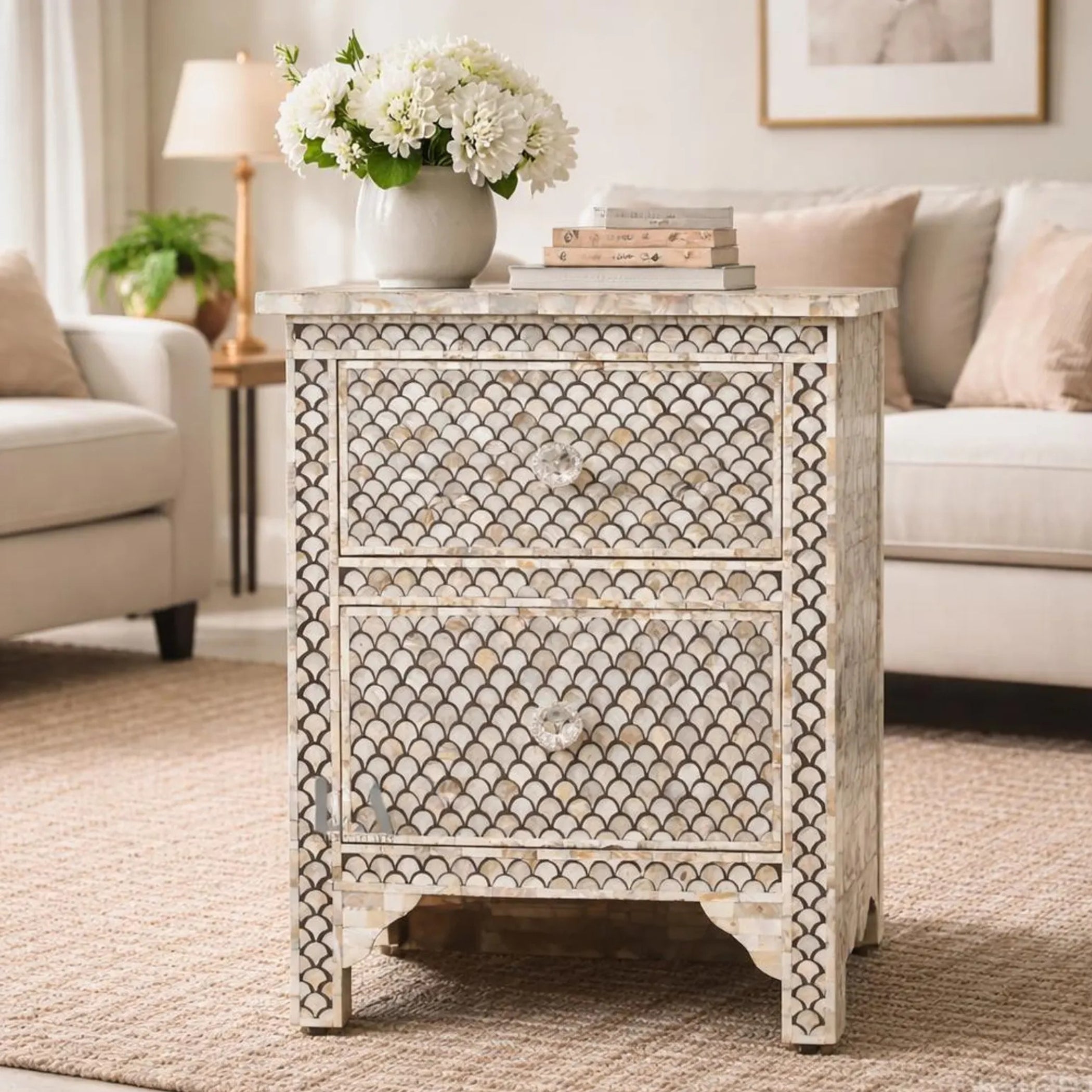 Mother of Pearl Inlay Bedside Table – Handmade Two Drawer Nightstand