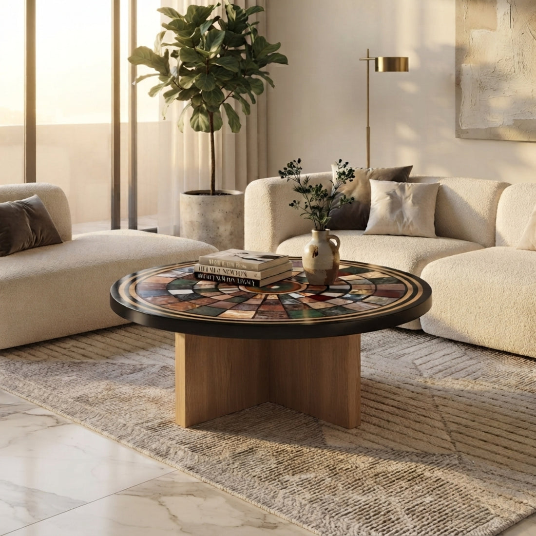 Luxury round marble inlay coffee table top with multicolor natural stone geometric mosaic design styled in a modern living room.