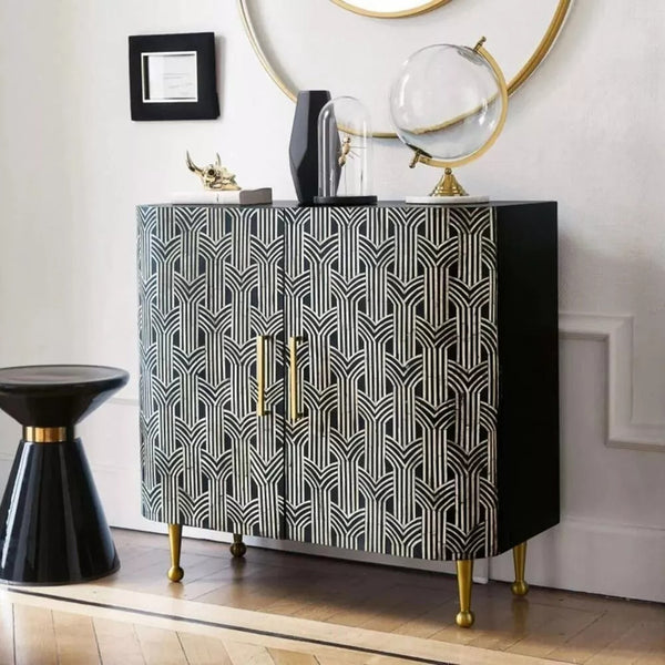 Black Bone Inlay Cabinet | Luxury 2-Door Home Decor