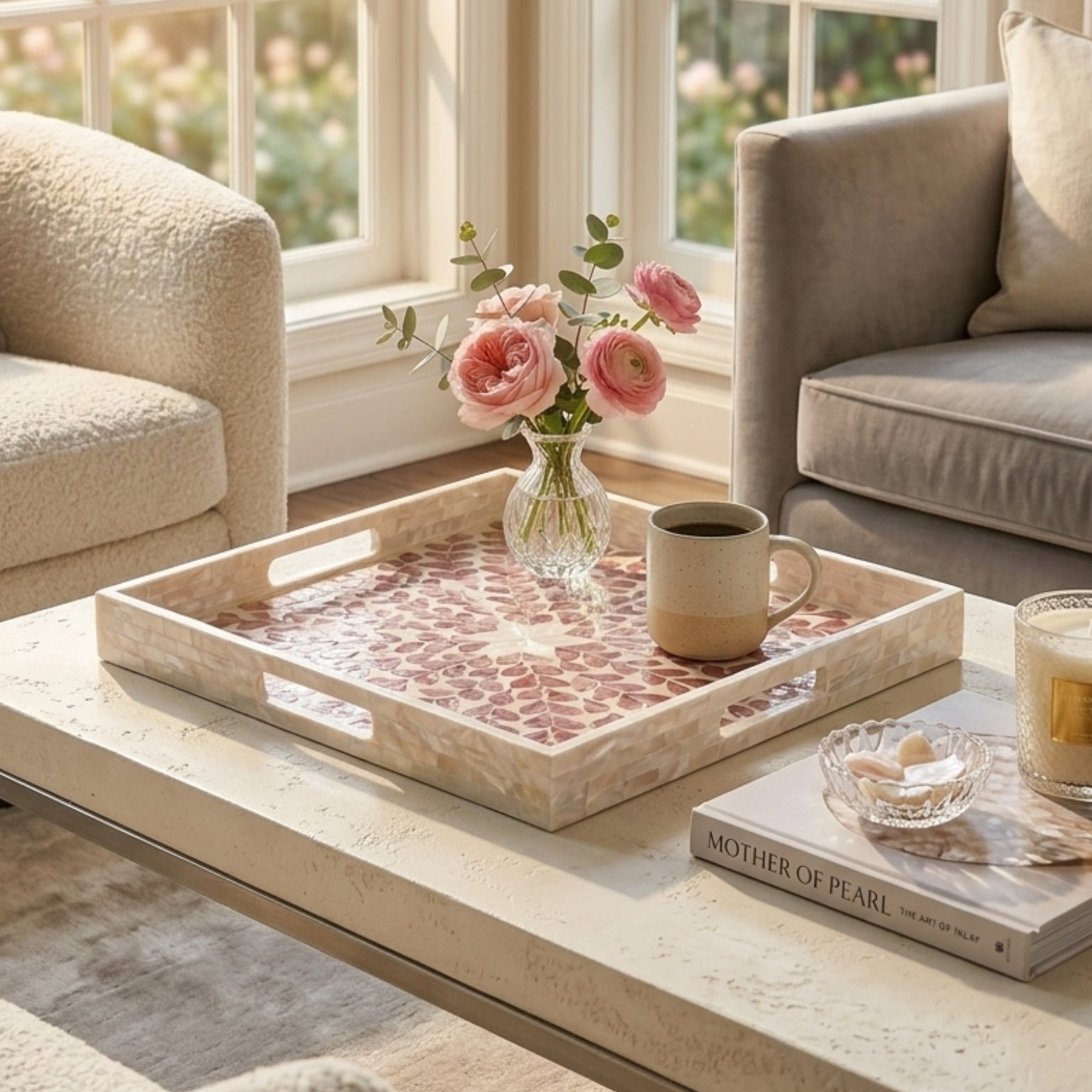 Handmade Mother of Pearl Serving Tray Pink Inlay Decor