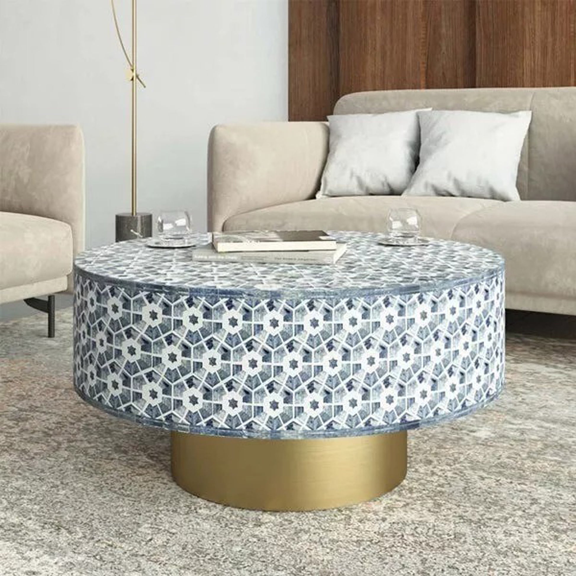 Coffee Table, Canter Table- Blue Bone Inlay Wooden Modern Pattern Furniture