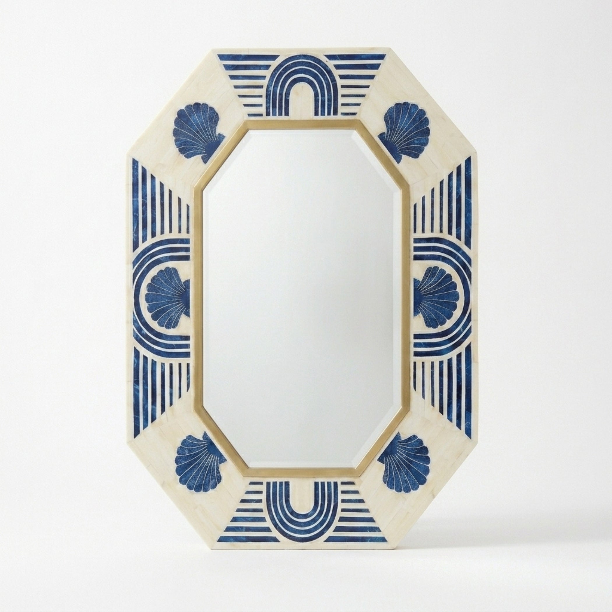 Blue Bone Inlay Octagon Mirror, Brass Detail, Wall Mirror