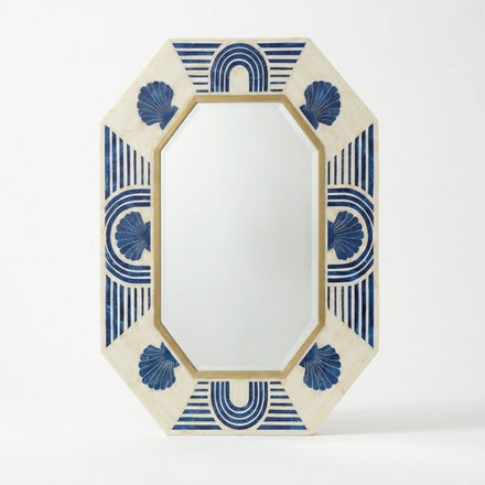 Blue Bone Inlay Octagon Wall Mirror with Brass Detail - Handmade Geometric Coastal Decor | The Regal Art