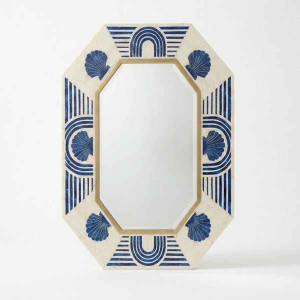 Blue Bone Inlay Octagon Wall Mirror with Brass Detail - Handmade Geometric Coastal Decor | The Regal Art