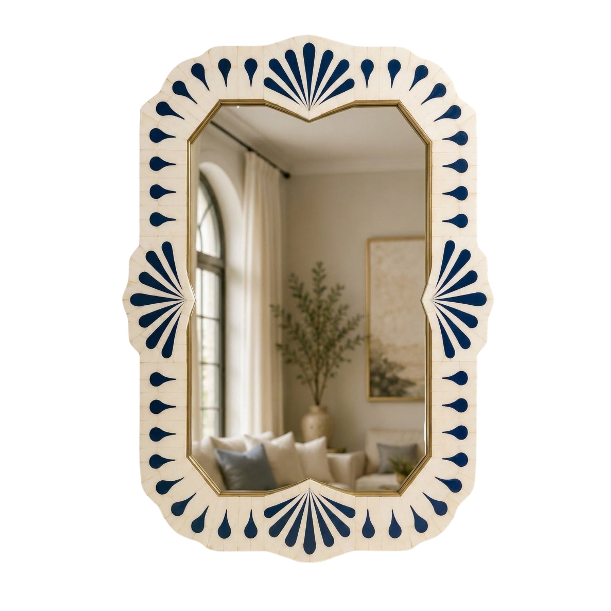Handmade Blue Bone Inlay Mirror, Designer Wall Mirror, Brass Detail