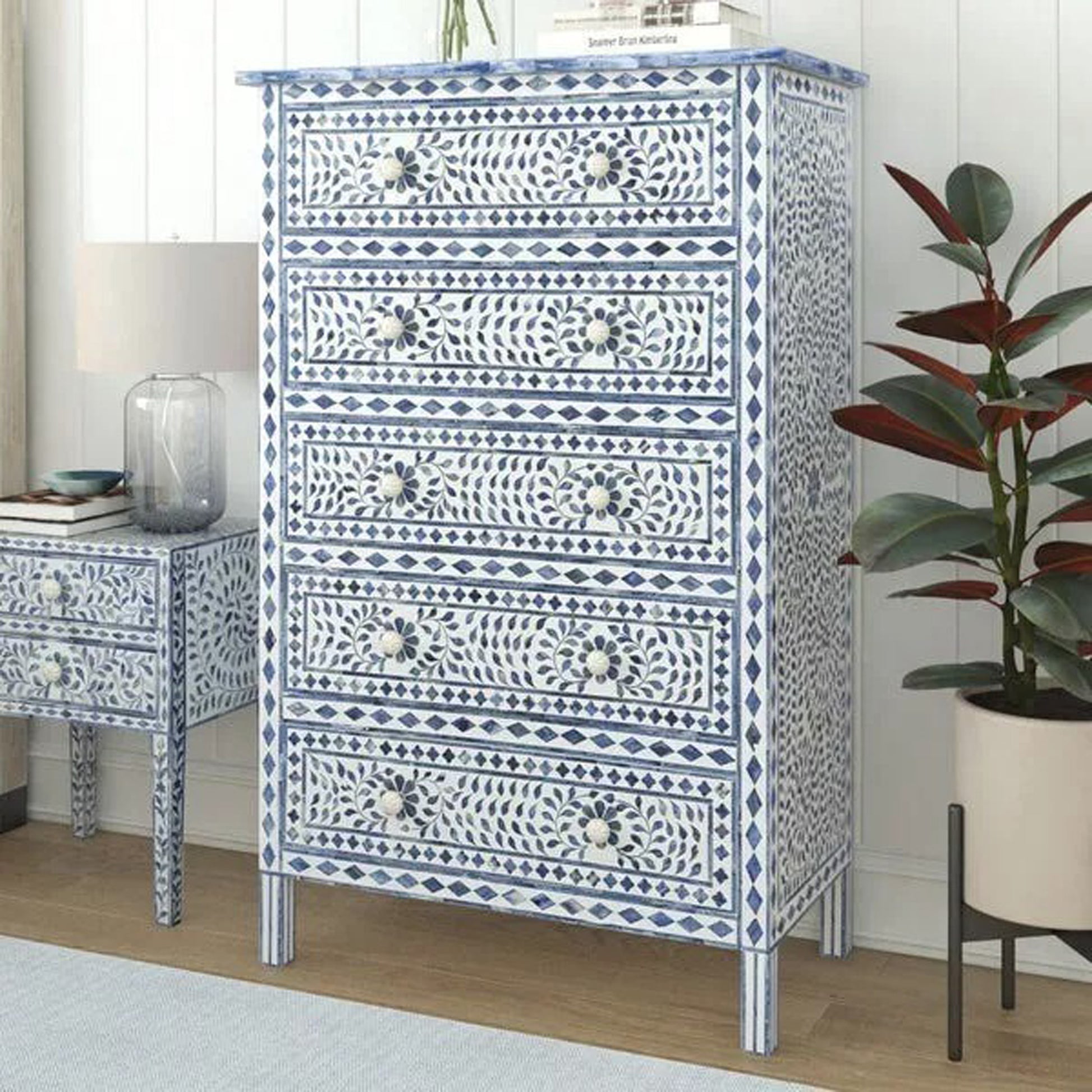 Handamde Chest of Drawers - Blue Bone Inlay Floral Pattern 5 drawer chest