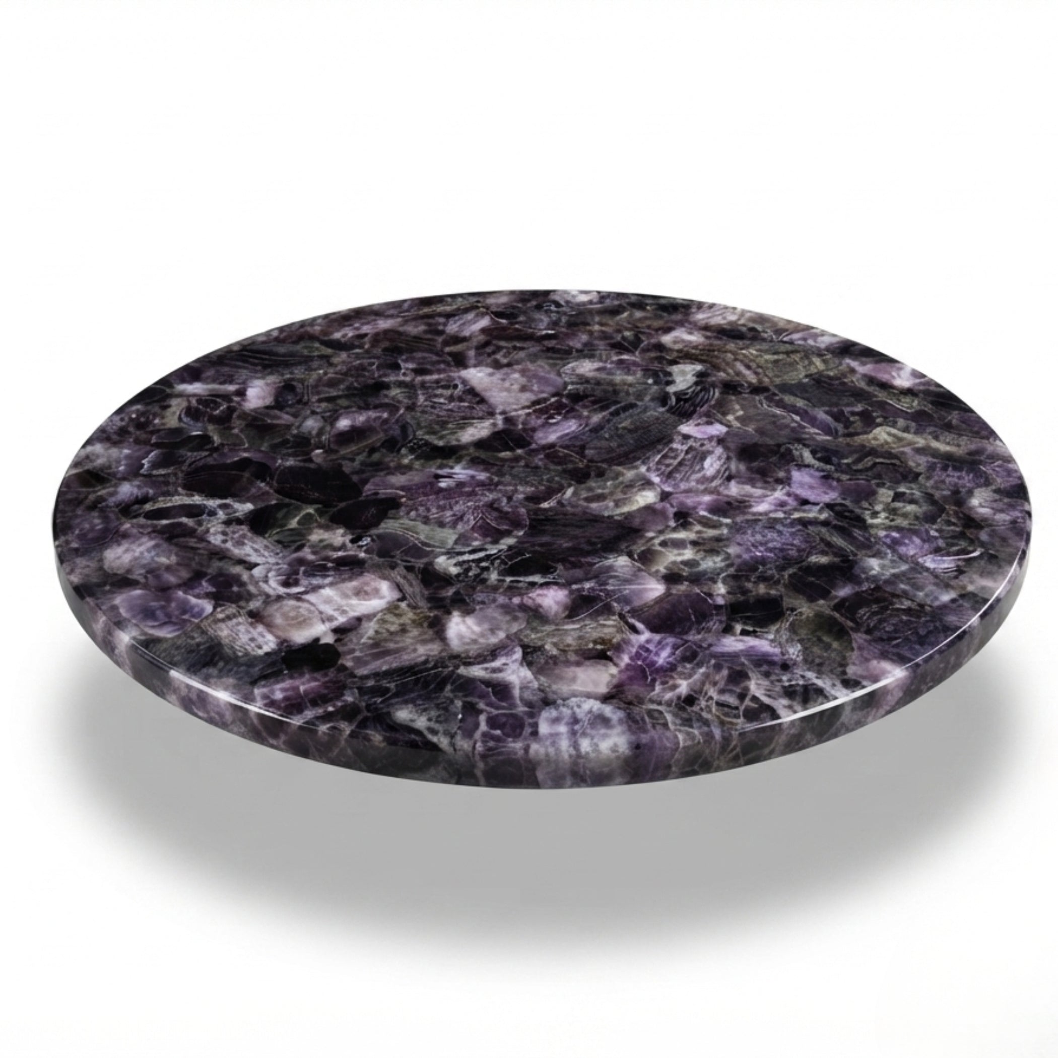 Handmade Amethyst Round Dining Table Top with natural purple gemstone mosaic pattern on white background by The Regal Art