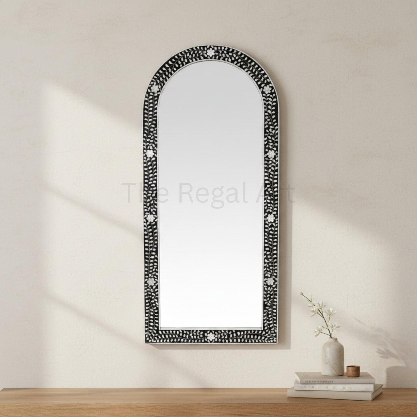 Handmade Bathroom Mirror Frame -Black Mother of Pearl Inlay Arched Floral Design