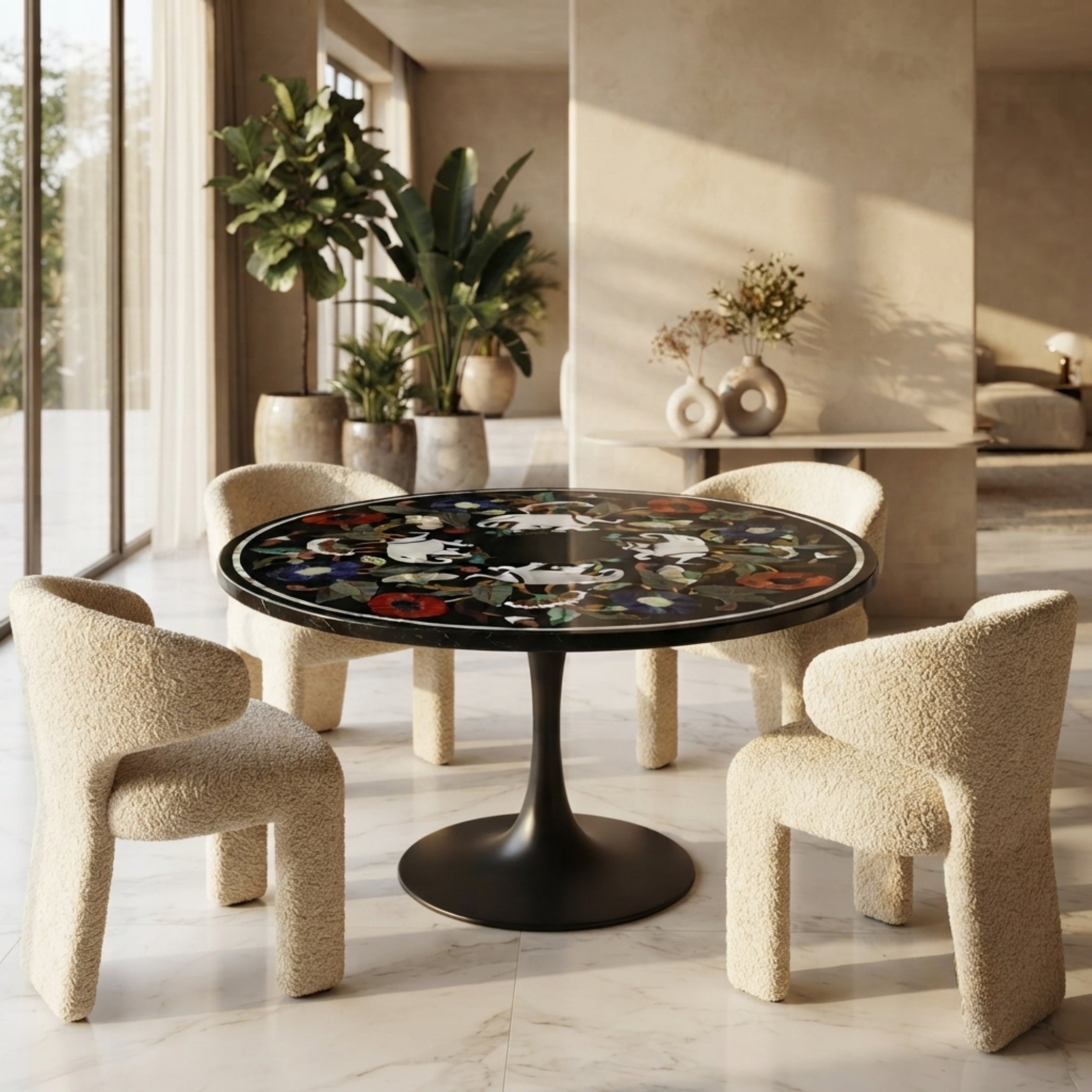 Handcrafted black marble round dining table with elephant and floral Pietra Dura inlay, styled in a modern luxury dining room with upholstered chairs.