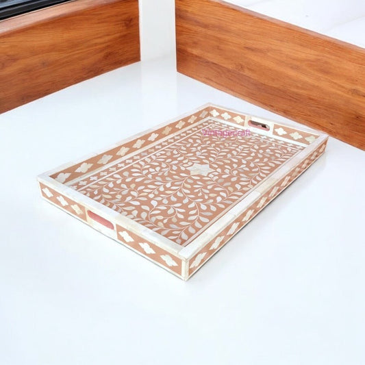 Handmade Serving Tray with floral bone inlay design, great for use in the kitchen or for serving coffee