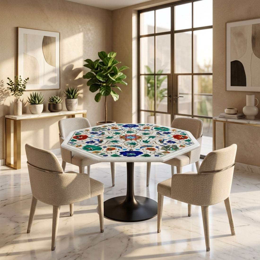Handmade white marble octagonal dining table with colorful semi-precious stone floral inlay, displayed in a modern luxury dining room with upholstered chairs.