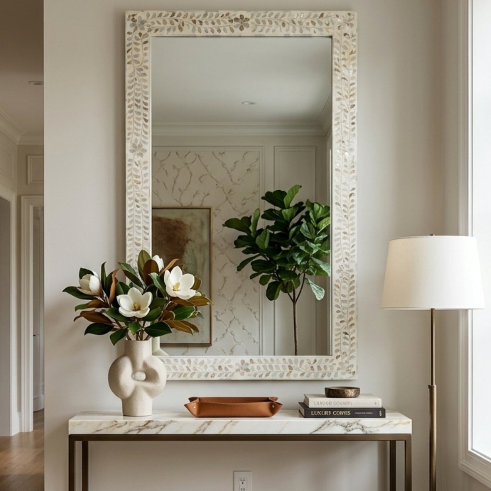 Handmade Mother of Pearl Floor Mirror Floral Vine Decor