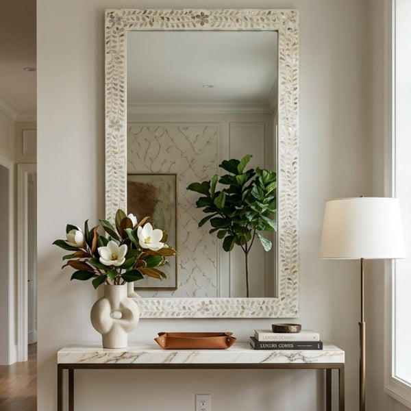 Handmade Mother of Pearl Floor Mirror Floral Vine Decor