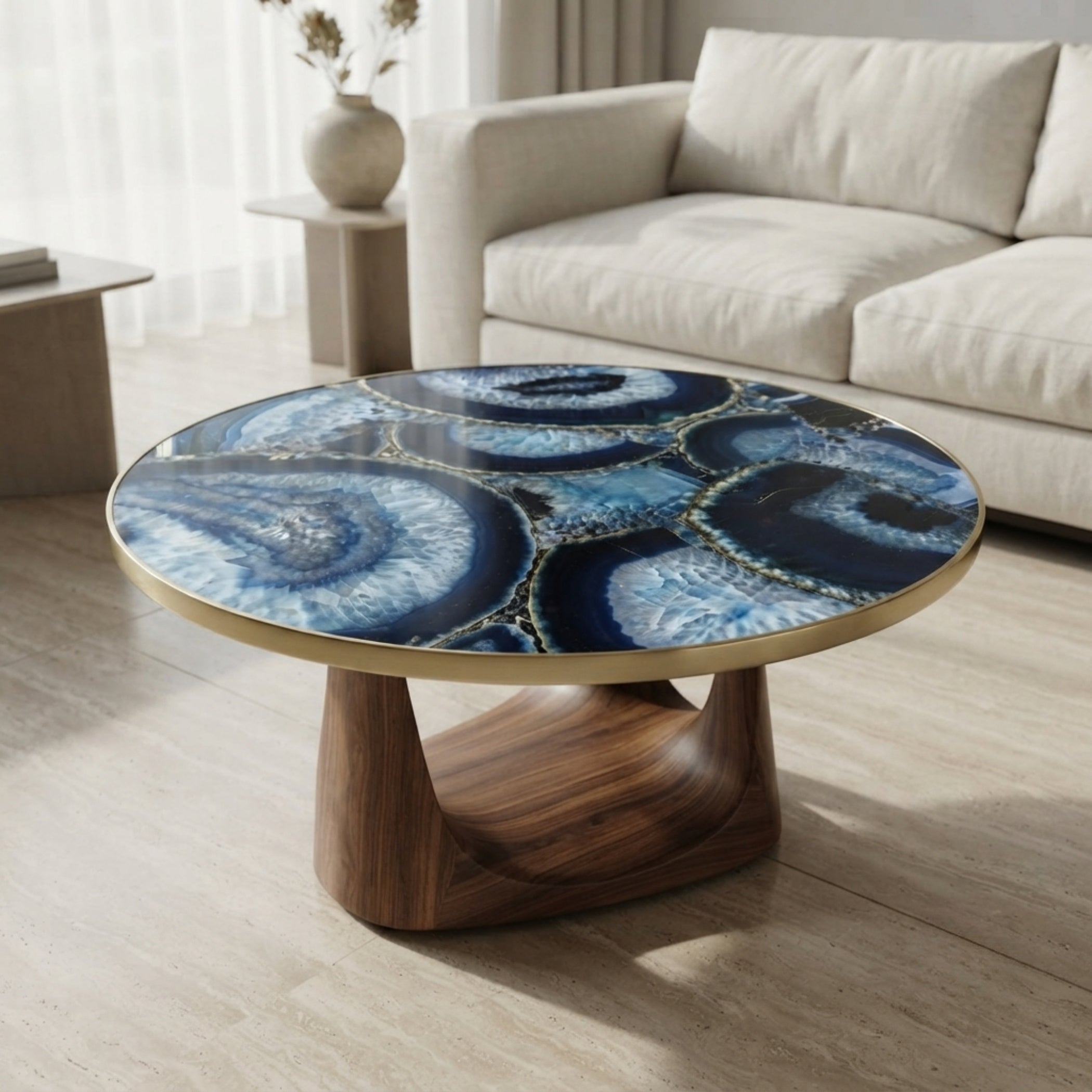 Handmade Blue Agate Coffee Table with Gold Edge in Modern Luxury Living Room