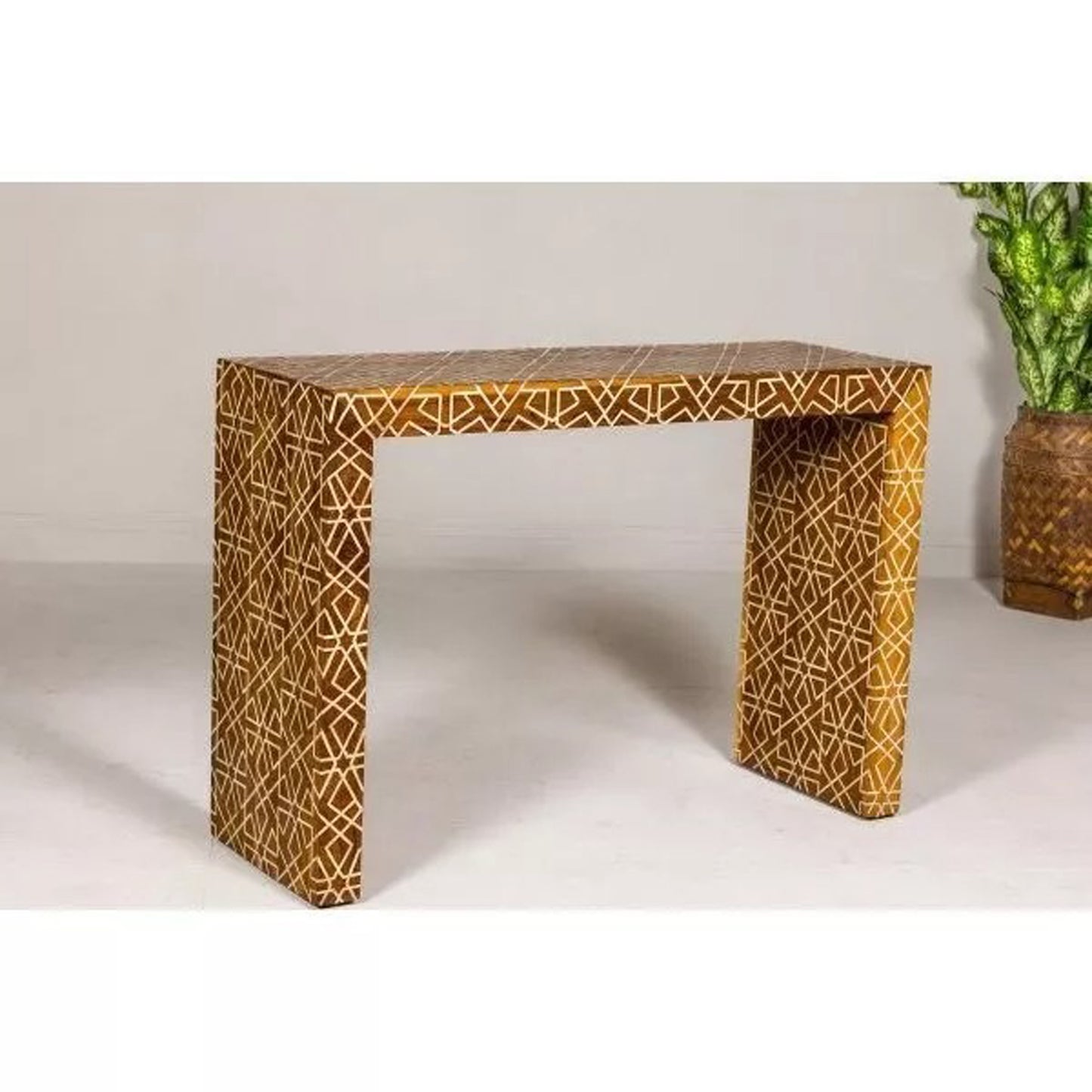 Wooden Console Table, Bone Inlay Furniture Geometric Mango Wood Handmade Home Décor