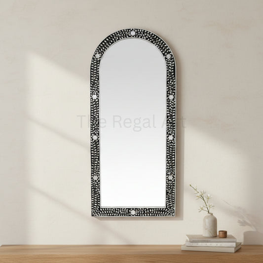 Handmade Bathroom Mirror Frame -Black Mother of Pearl Inlay Arched Floral Design
