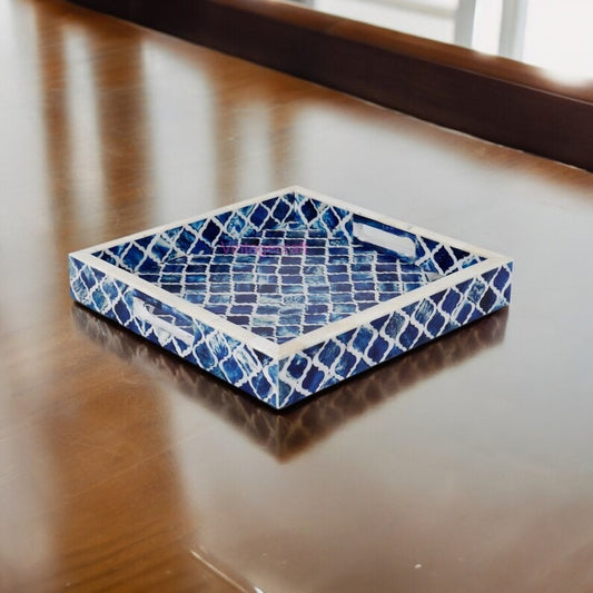 Bone Inlay Blue Tray - Farmhouse Coffee Table Tray - Vintage Perfume Tray - Pearl Decorative Tray - Large Trinket Tray - Blue Ottoman Tray