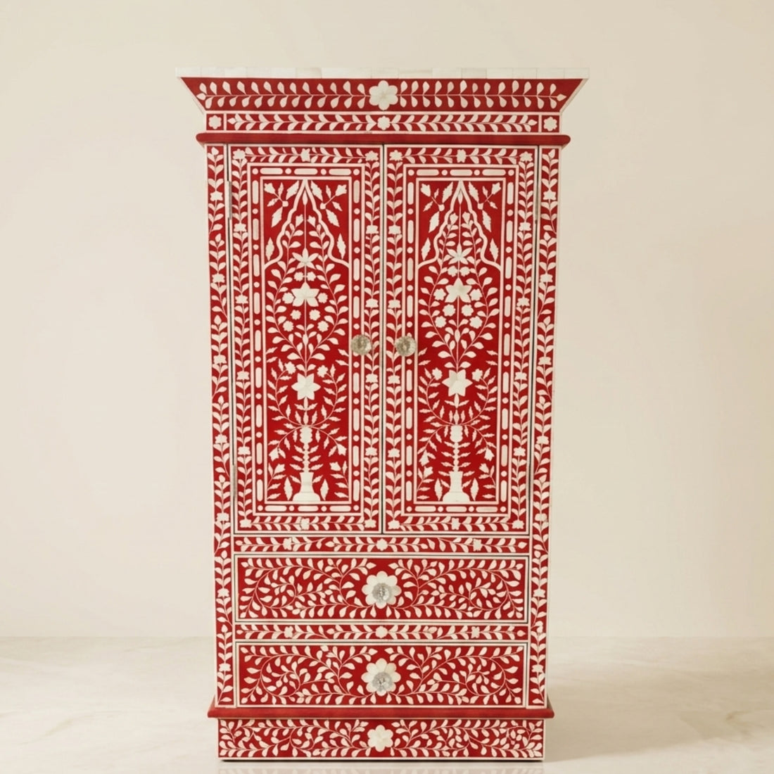 Handmade Floral Bone Inlay 2 Door 2 Drawer Wardrobe