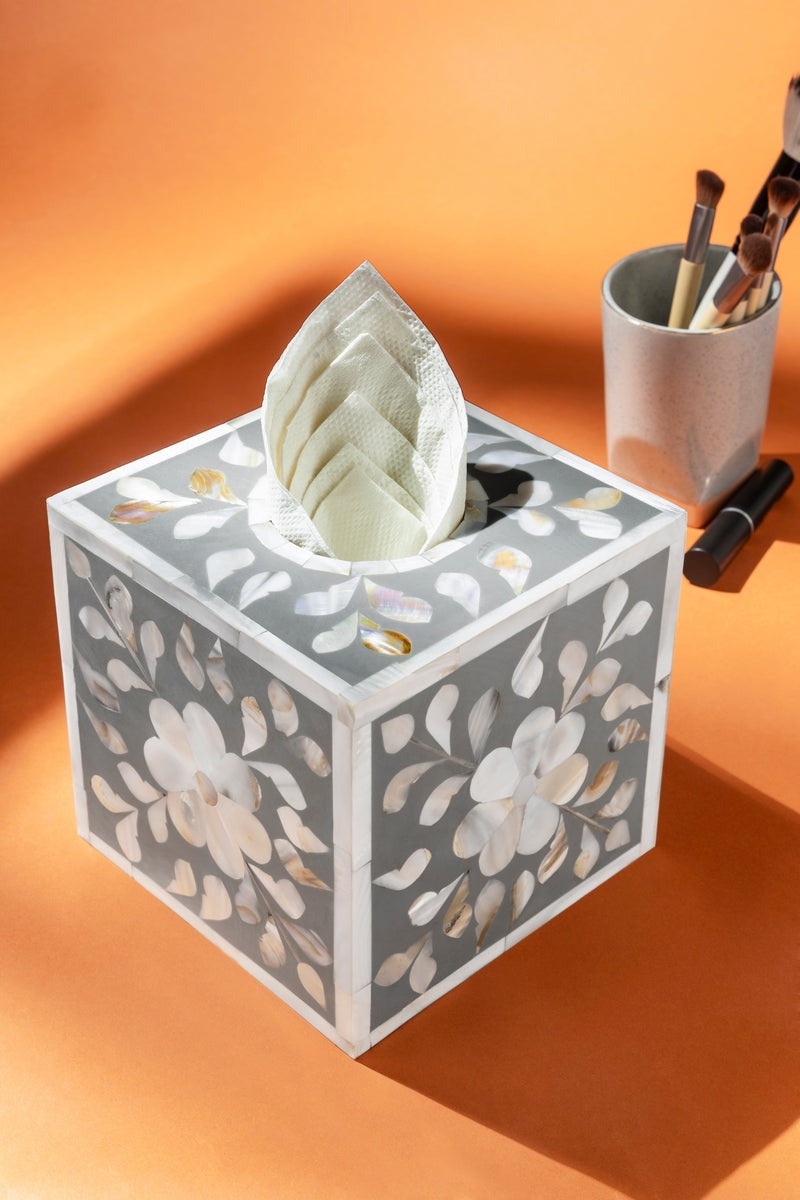 Mother of Pearl Tissue Box Handmade Floral Pattern