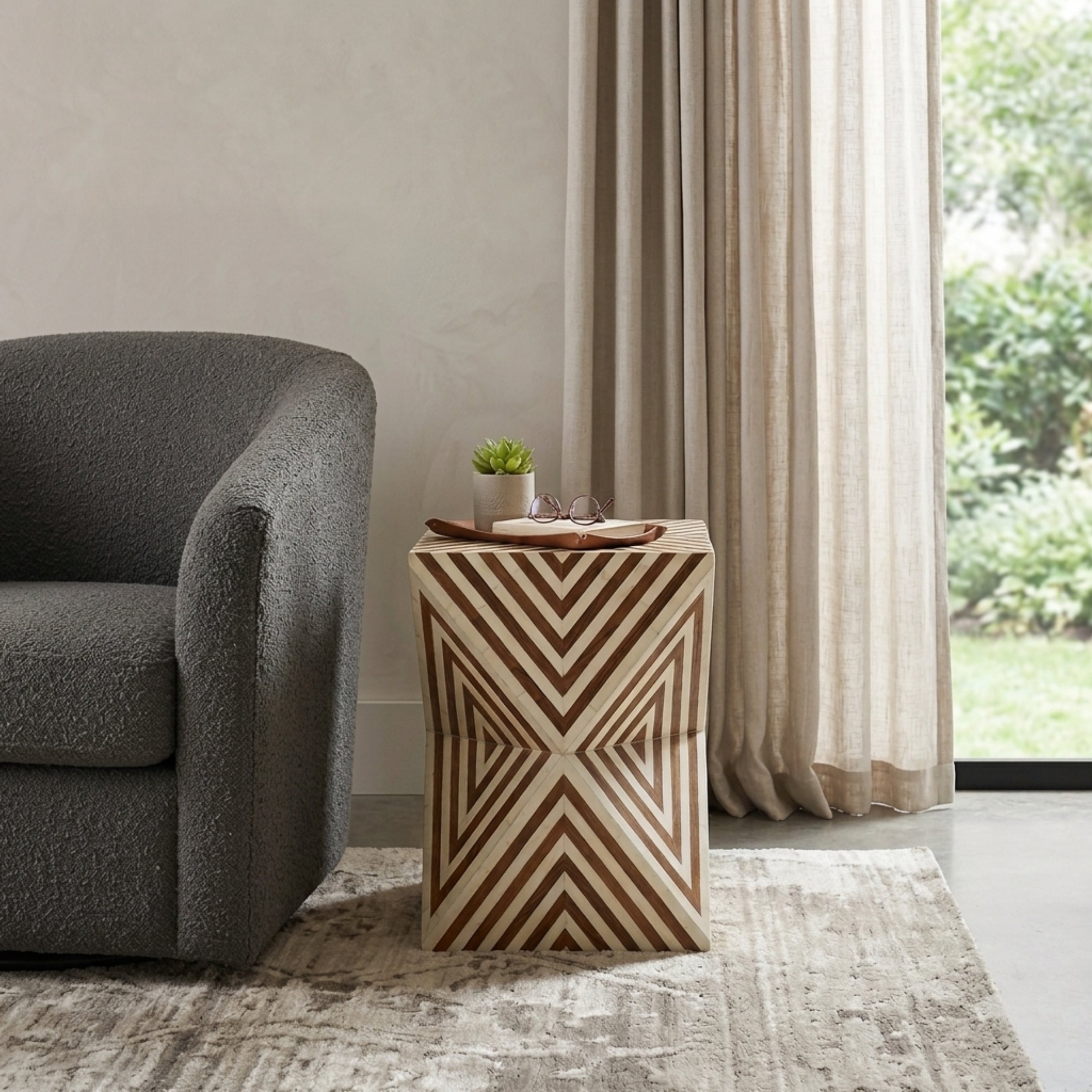 Handmade Brown White Bone Inlay Hourglass Side Table