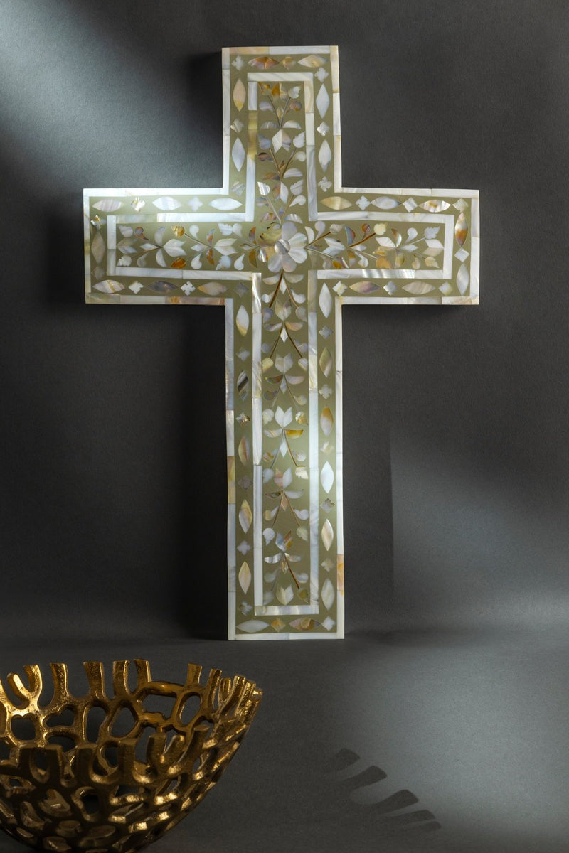 Wall Decor Holy Cross Mother of Pearl Handmade Floral Pattern Home Decor Cross&nbsp