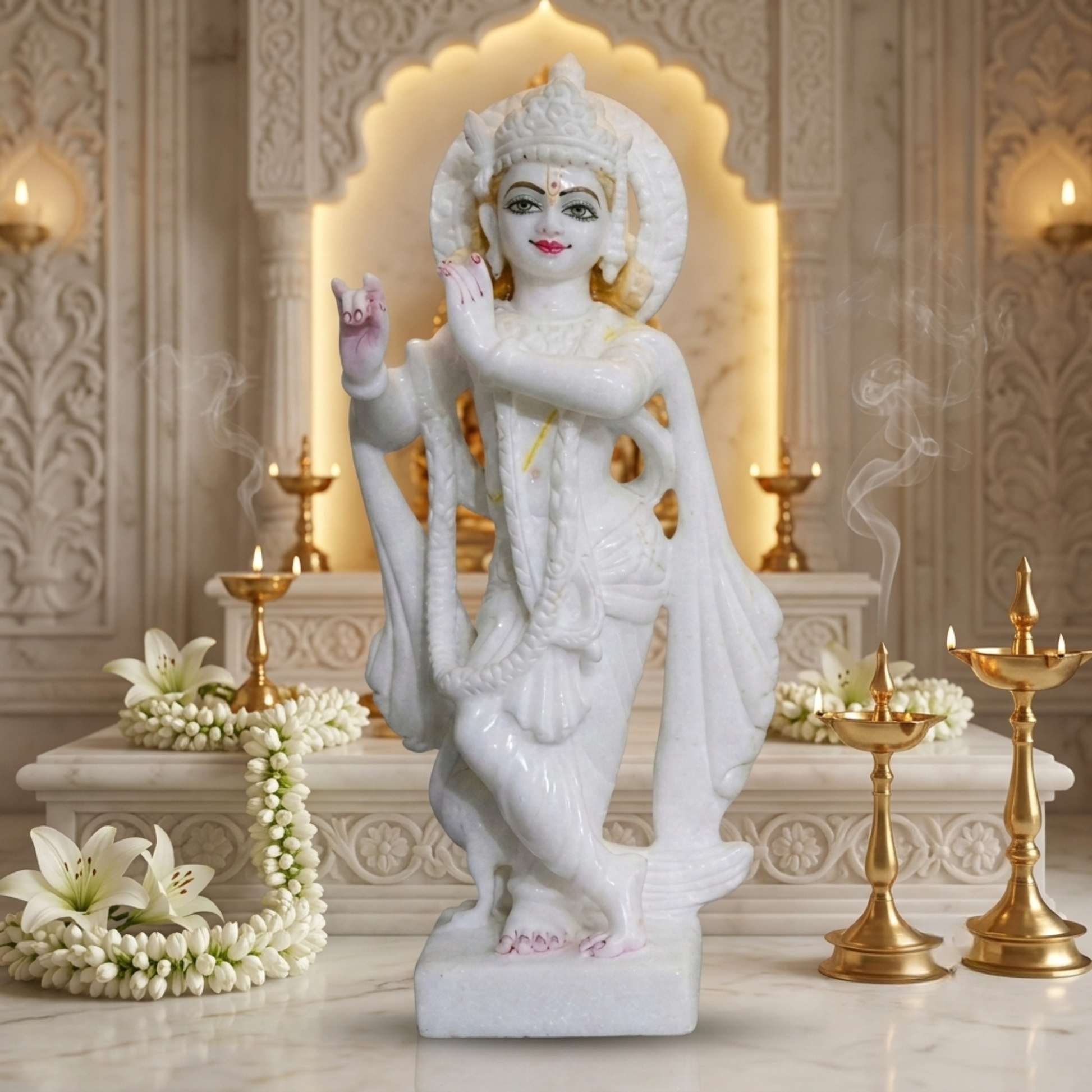 Handmade White Marble Lord Krishna Statue displayed in a luxury marble temple with brass oil lamps, fresh white flowers, and a warm spiritual ambiance by The Regal Art.