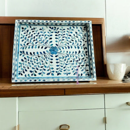 Blue Bone Inlay Kitchen Serving Tray Floral pattern Home Decor Art