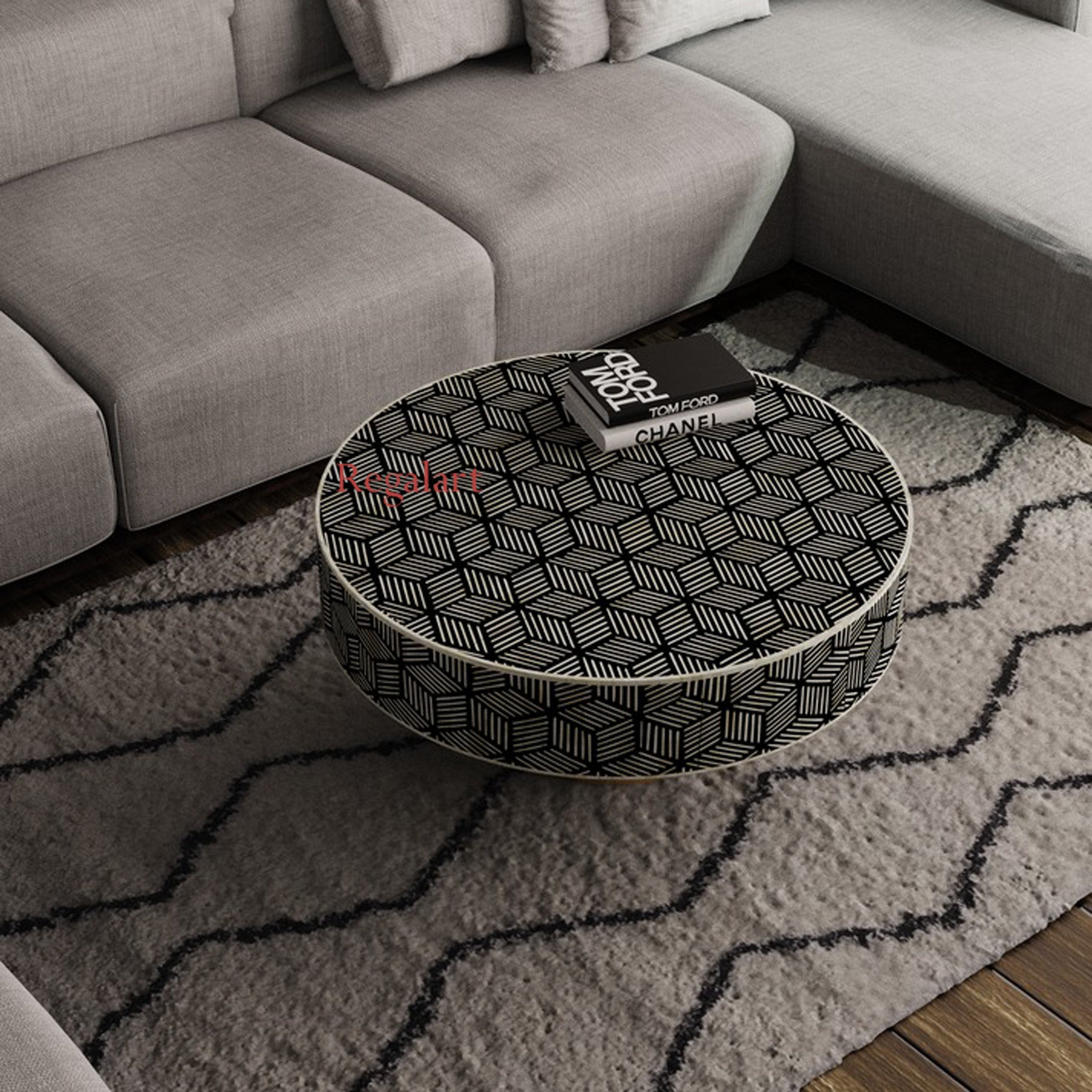 Luxury Unique Pattern Bone Inlay Round Coffee Table
