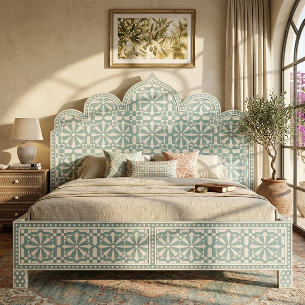 Aqua Blue Bone Inlay Bed | Moroccan Arch Luxury Bed