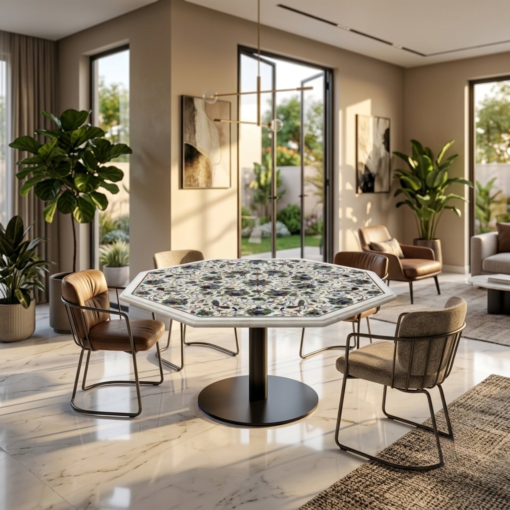 Handcrafted white marble octagonal dining table with intricate floral Pietra Dura inlay, displayed in a modern luxury dining room with contemporary chairs.