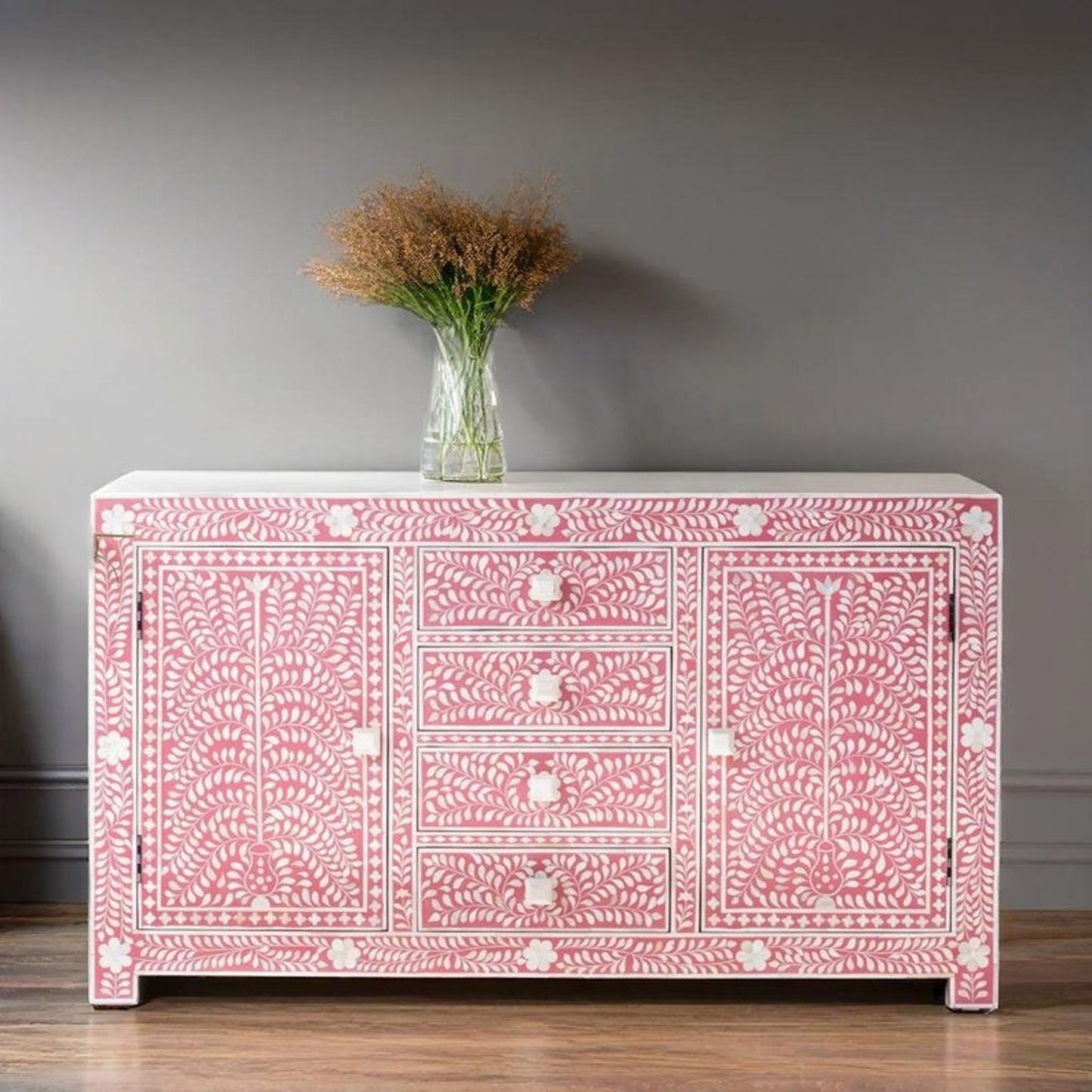 Bone Inlay Buffet Sideboard | Bone Inlay Furniture | Bone Inlay Drawer Dressing Table | Cabinet Storage Unit | Floral Design | Handmade Furniture