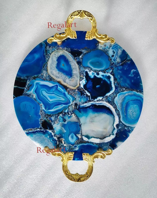 Handmade Agates Serving Tray Round serves ware Blue Serving Trays Luxury Furniture.