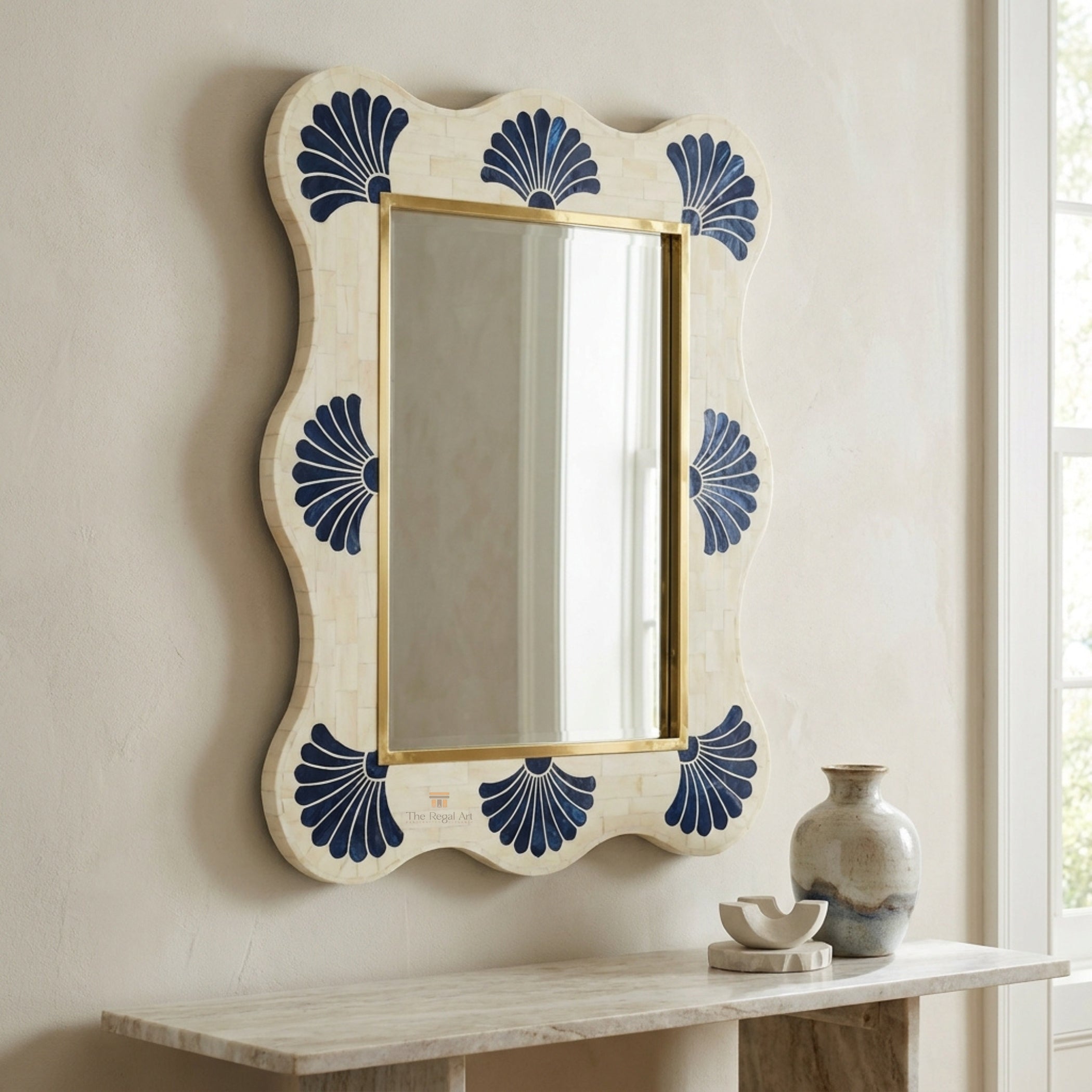 Blue Bone Inlay Scallop Mirror, Handmade Coastal Statement Wall Decor