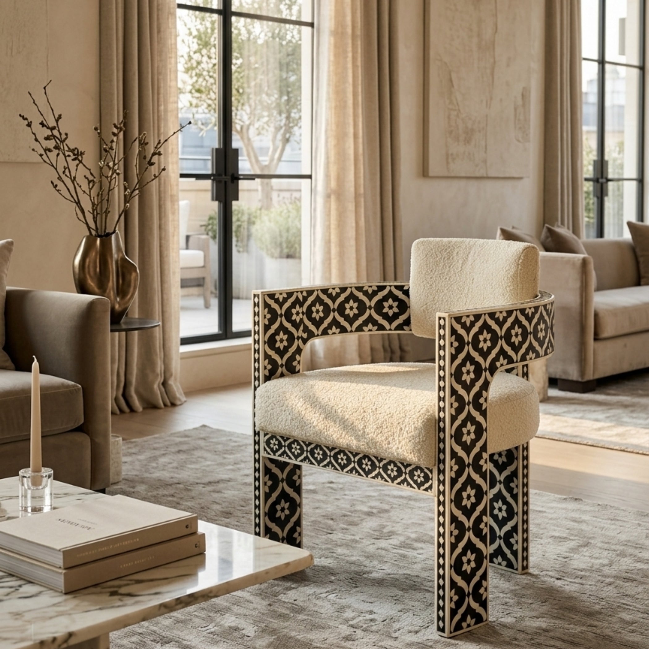 Handmade Black White Bone Inlay Accent Armchair
