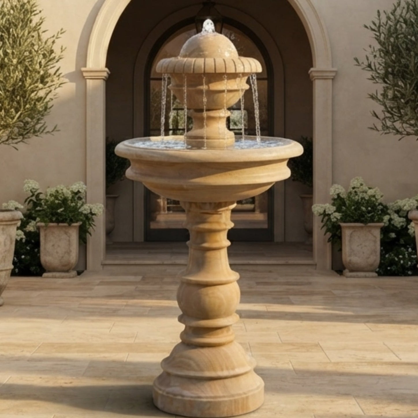 A freestanding stone fountain in a Mediterranean-style courtyard with an arched doorway, potted trees, and sunlit beige paving.
