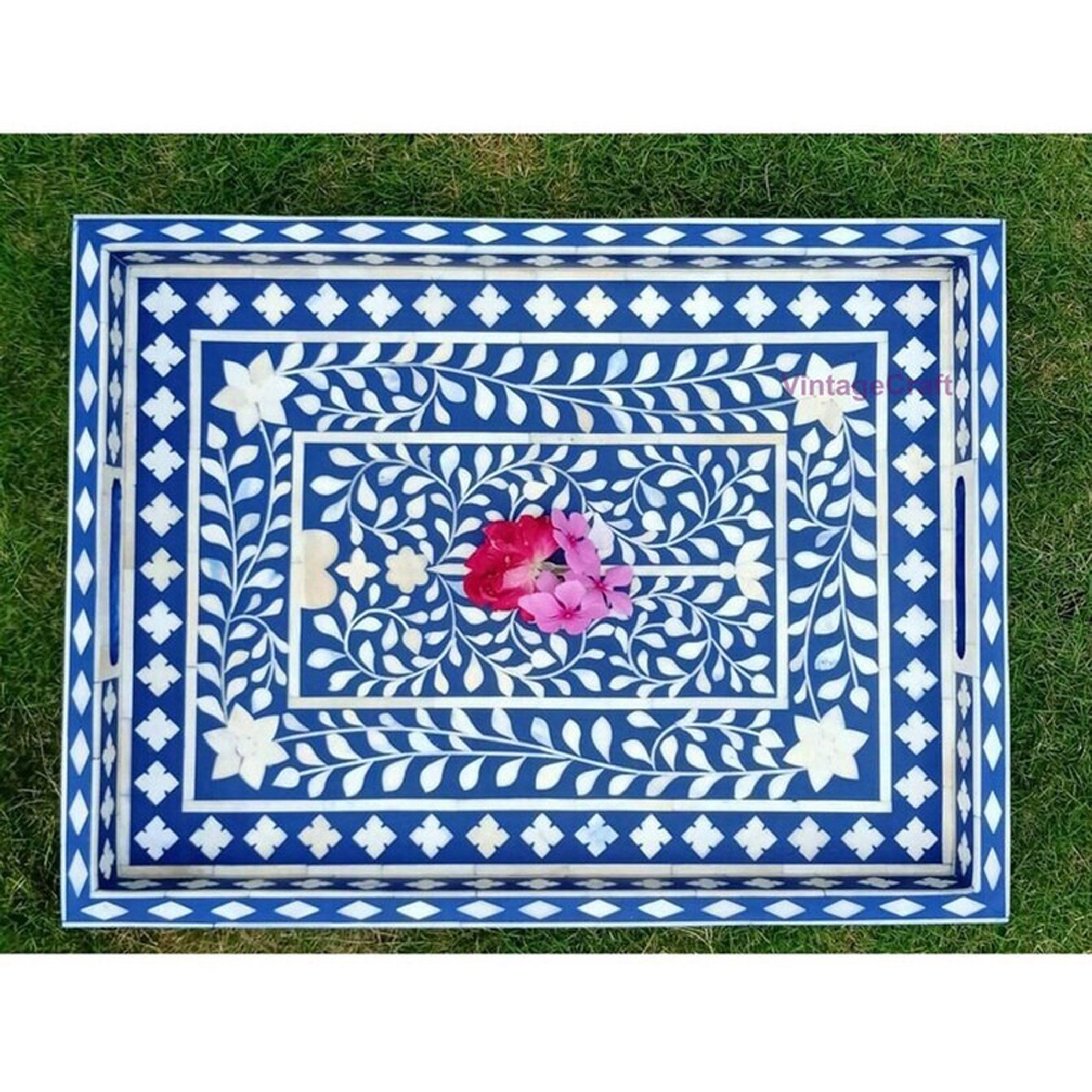 Handmade Bone Inlay Kitchen Serving Tray – Artisanal Floral Design for Home Decor
