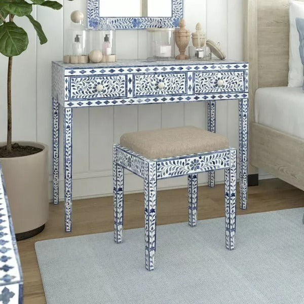 Luxury Blue Bone Inlay Console Table with Stool Desk