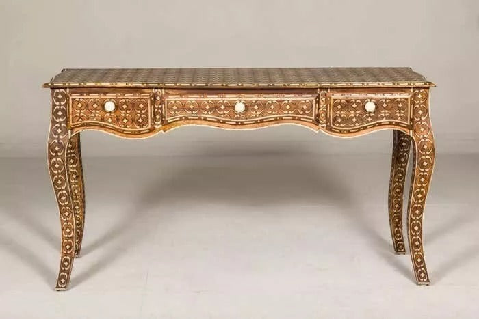 Vintage Console Table Three Drawers Louis XV Style Anglo-Indian Bone Inlay Furni