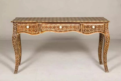 Vintage Console Table Three Drawers Louis XV Style Anglo-Indian Bone Inlay Furni