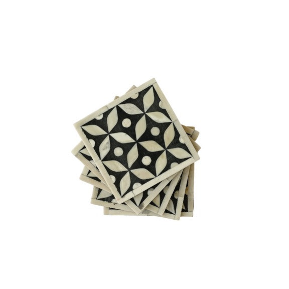 Bone Inlay Geometric Coasters Set - Black Set of 4 with Holder - Unique Home Decor