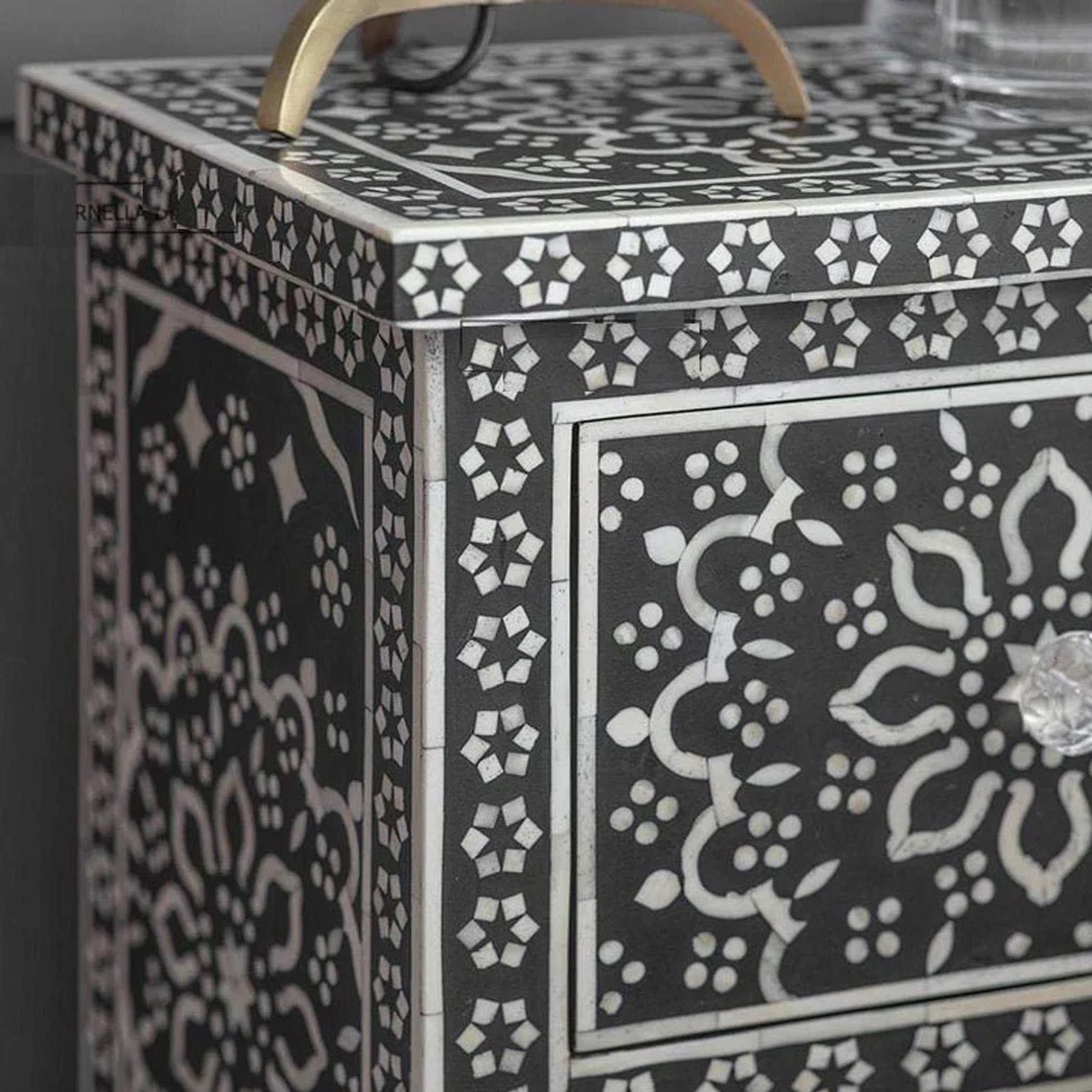 Bone Inlay Night Stand, BedSide Table in Black, bone inlay bedside, Traditional Mandala Design, Handmade, furniture, bone inlay furniture