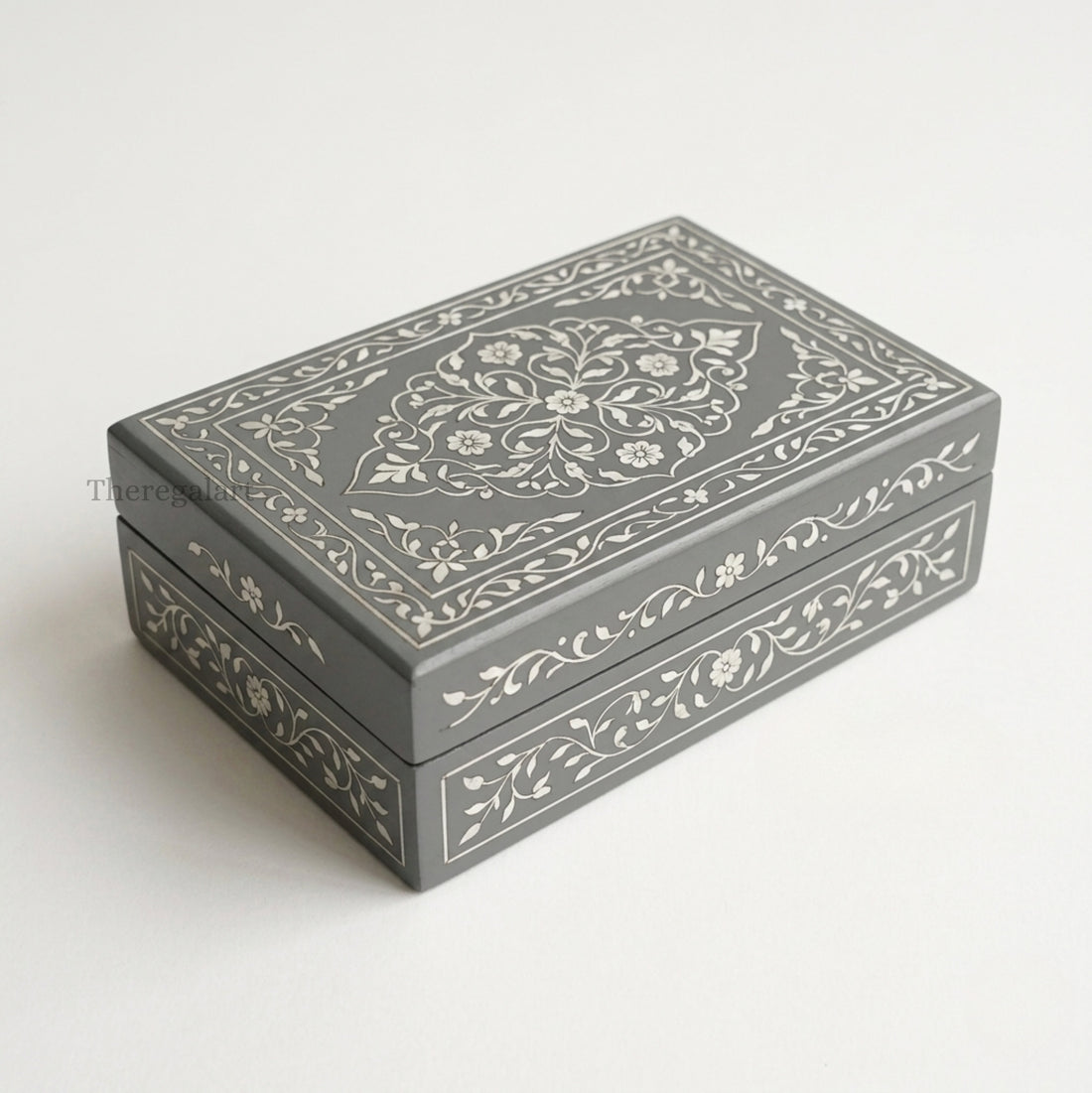 Handmade Bone Inlay Jewellery Box Gray Floral Storage Case