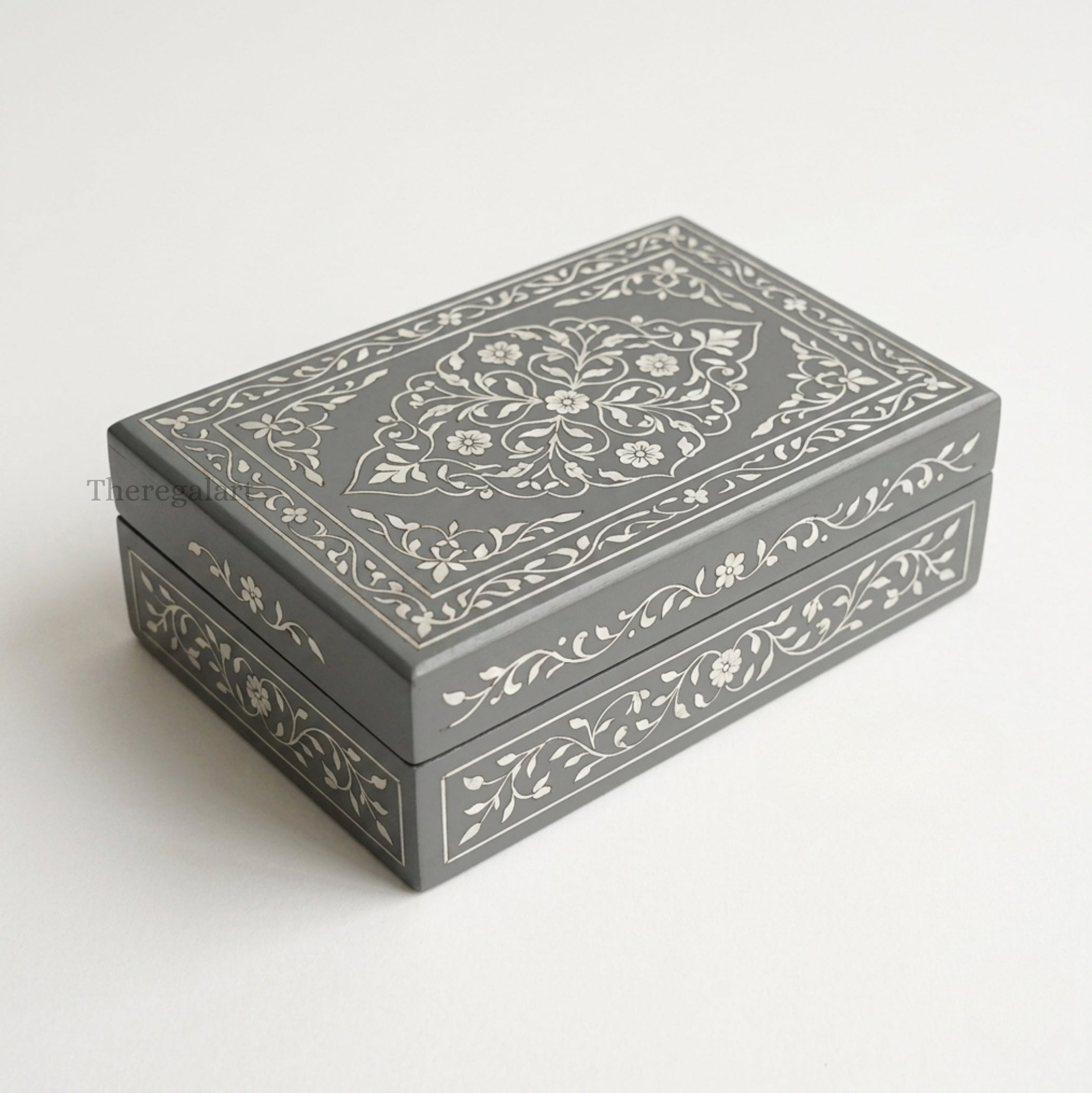 Handmade Bone Inlay Jewellery Box Gray Floral Storage Case