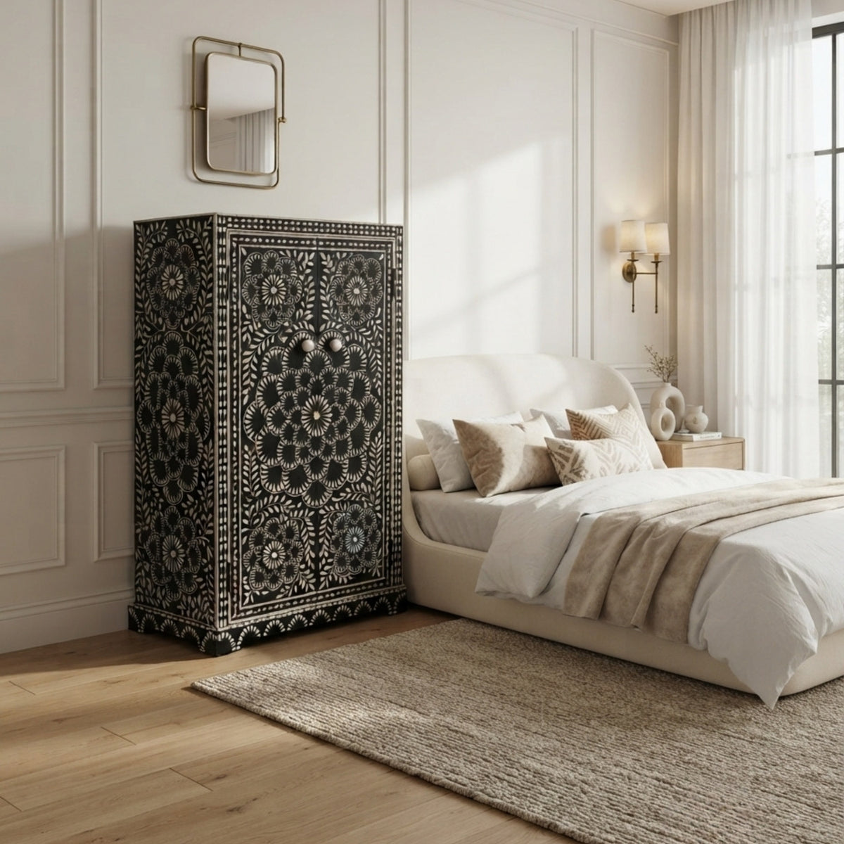 Handmade Black & White Rosette Floral Bone Inlay Armoire