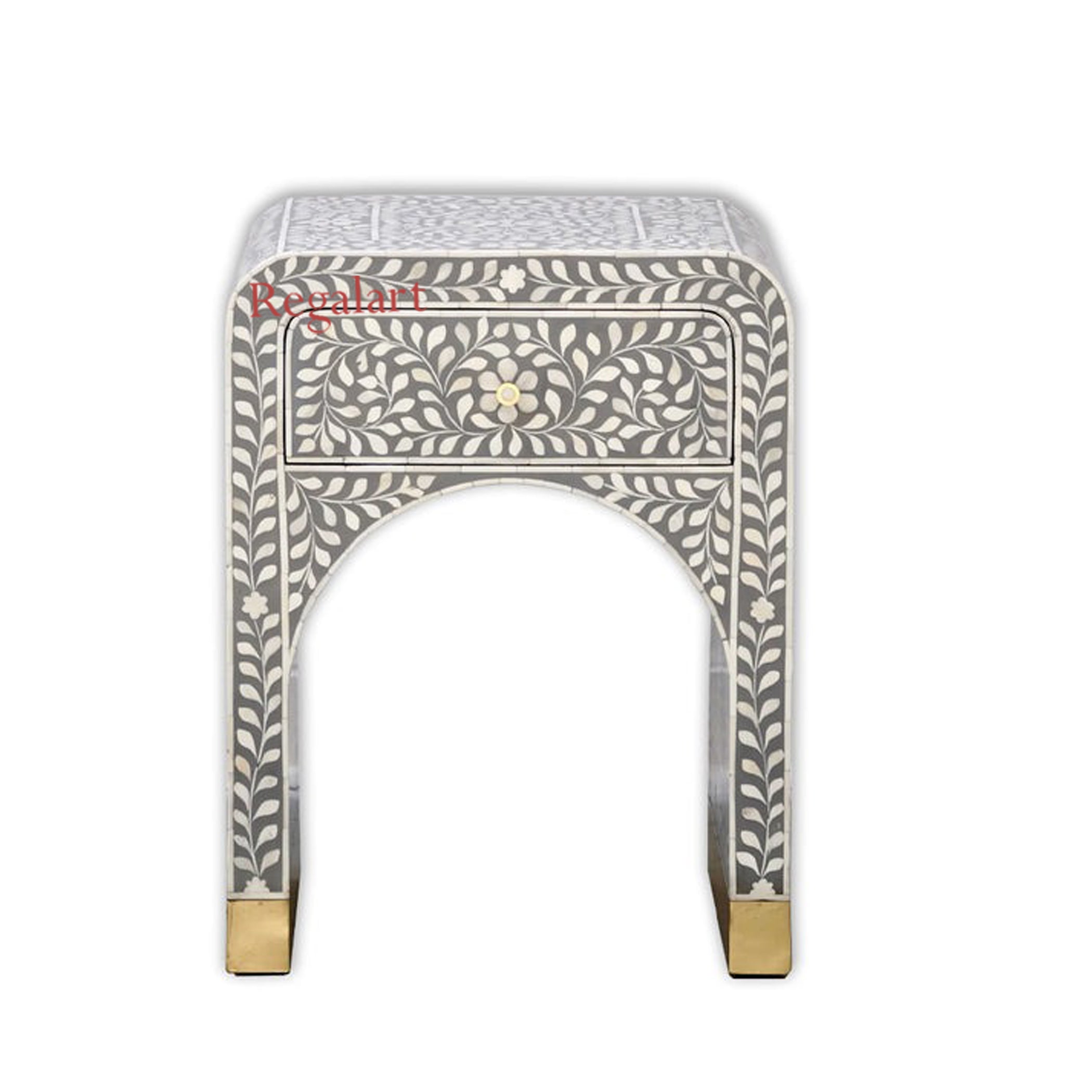 Handmade Bone Inlay 1 Drawer Floral Art Bedside Table Nightstand